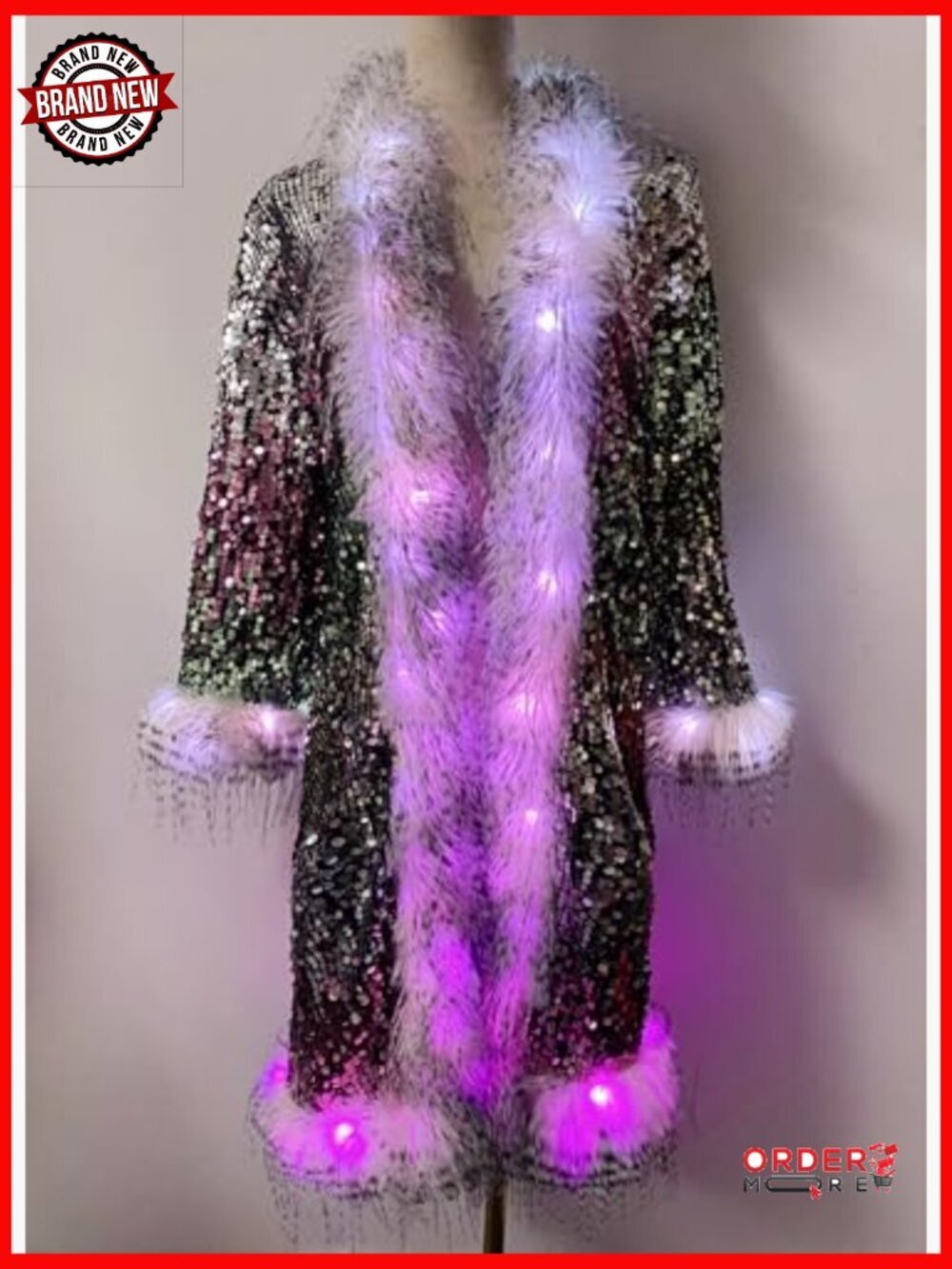 LED Light Up Sequin Coat Small Faux Fur Music Festival Party Jacket - Picture 6 of 7